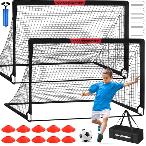 Kids Soccer Goal Set - 2 Portable 6'x4' Goals with Ball & Cones - Black