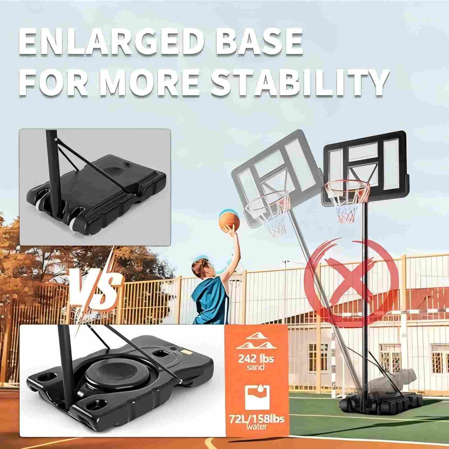 DUMOS 10FT Adjustable Height Portable Basketball Hoop Outdoor for Adult, 44 Inch Shatterproof Backboard w/Shock Absorbent Rim, Fillable Base, 2 Wheels for Swimming Pool/Indoor, Metal, Classic Black