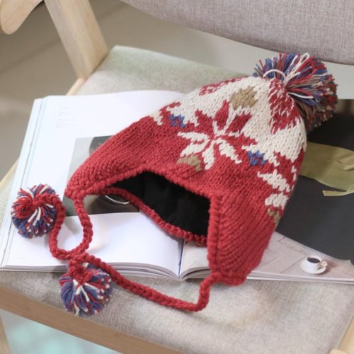 AOMEXAGA Women Cute Beanie Hat with Pom Warm Ski Snow Ear Flaps Snowflake Fair Isle Pattern Crochet Hats with Fleece Lined (One Size,Red)