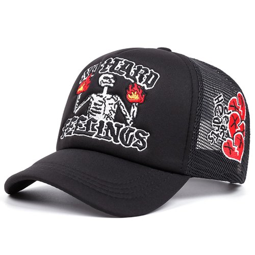 Embroidery Trucker Hat Cute “No Hard Feelings Dad Hat Mesh Skeleton Baseball Caps for Men Women Youth Black
