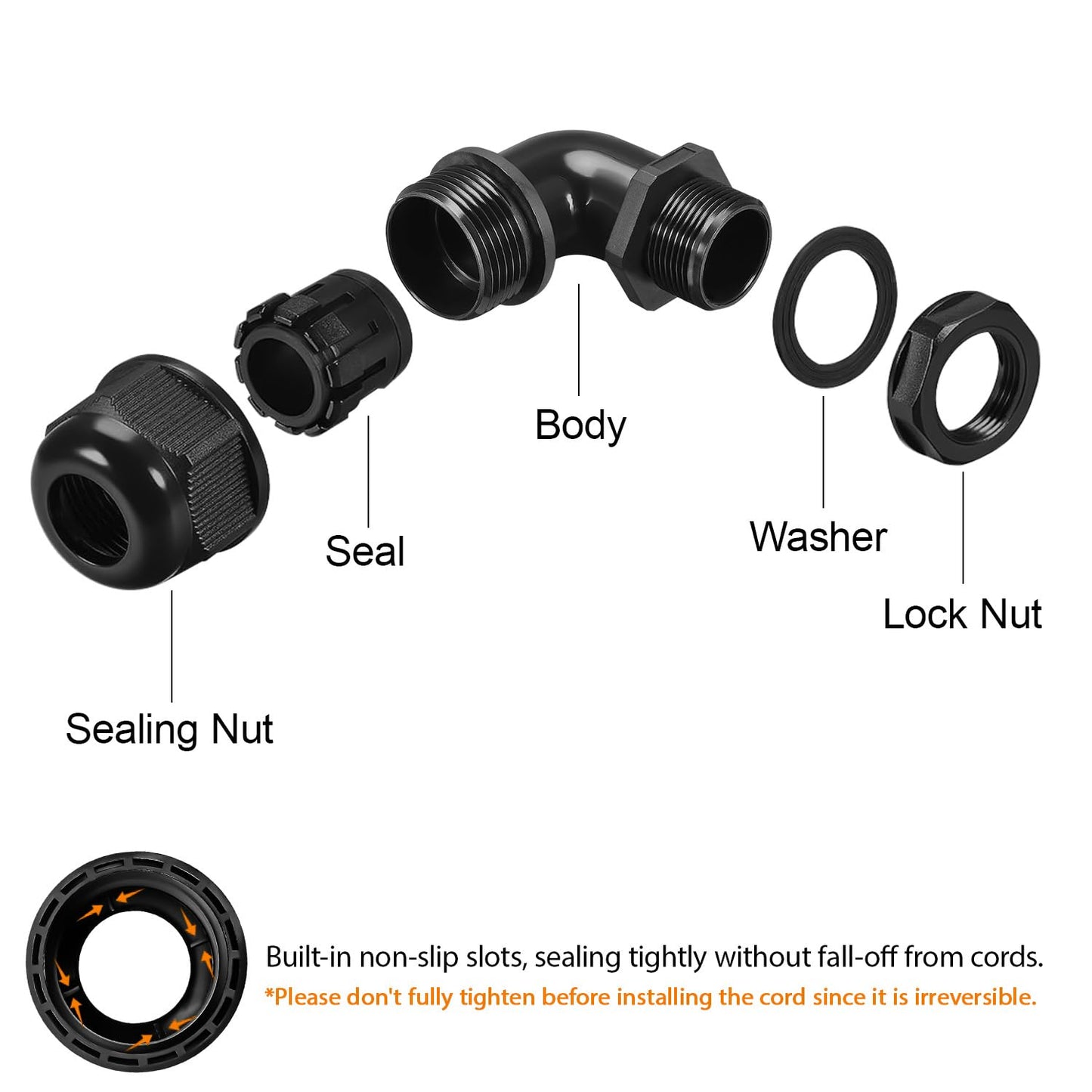 LeMotech M12 Cable Gland, 90 Degree Adjustable 4-8mm Strain Relief, Cord Connectors Nylon Joints with Gaskets, 6 Pcs, Black