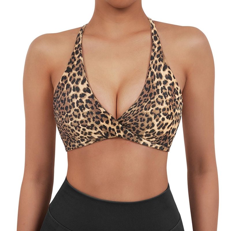 SUUKSESS Women 2 Piece Open Back Strappy Sports Bra Pack Twist Front V Neck Padded Workout Crops (#2 Cheetah & Black, M)