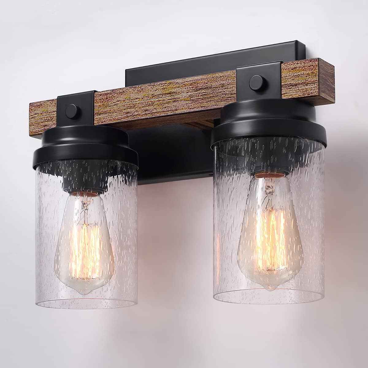Farmhouse 2-Light Vanity Lights for Bathroom - Rustic Black Wood & Glass Sconces