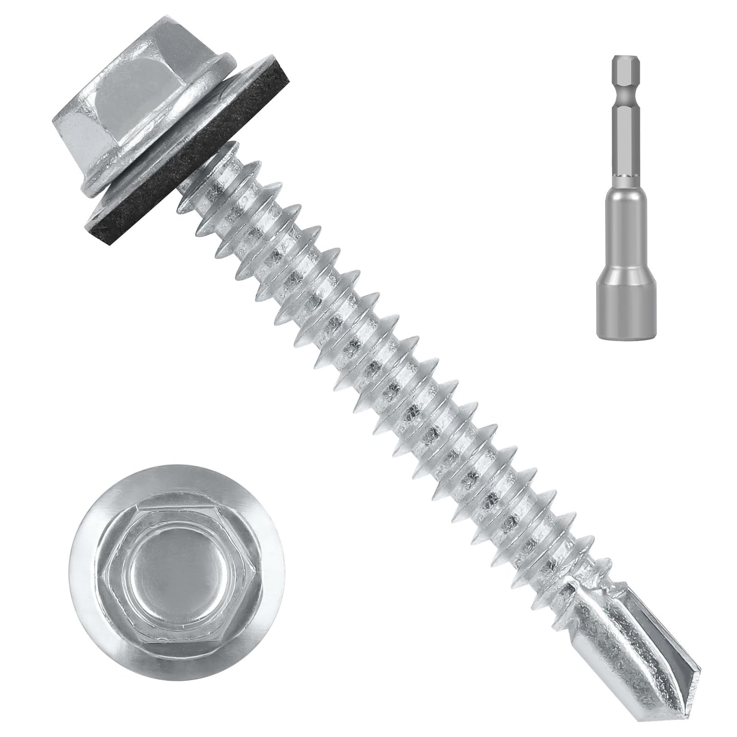 #10 x 2 (50 PCS) Metal Roofing Screws with Rubber Washer, Hex Head Self Tapping Screws for Metal, Self Drilling Sheet Metal Screw, Hex Bit Socket Included
