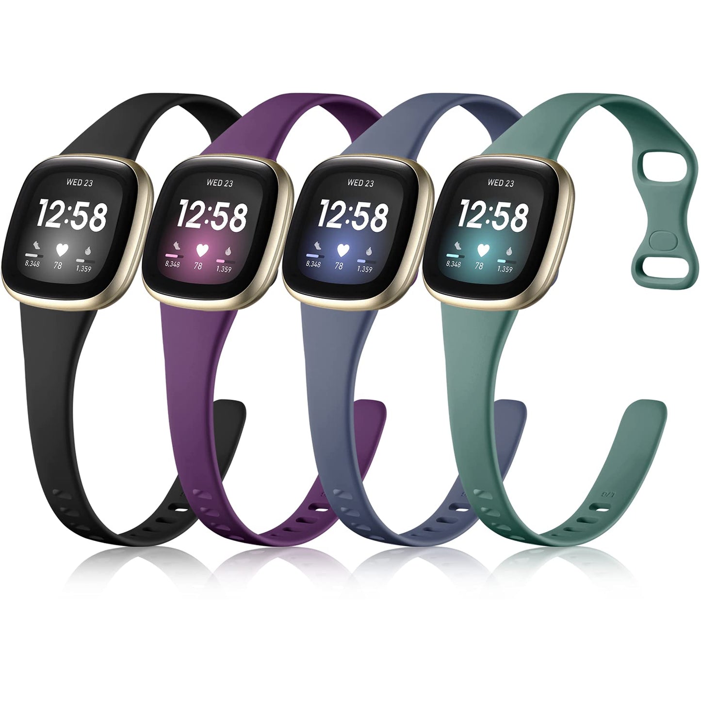 Getino Compatible with Fitbit Versa 3/ Versa 4 Bands/Sense/Sense 2 Bands Women, Sport Soft Accessories, Slim Band for Fitbit Versa 4/ Versa 3/ Sense 2/ Sense, Small Black/Plum/Bluegray/Pinegreen