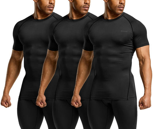 TSLA Men's UPF 50+ Quick Dry Short Sleeve Compression Shirts, Athletic Workout Shirt, Water Sports Rash Guard, 3packs Black, Medium
