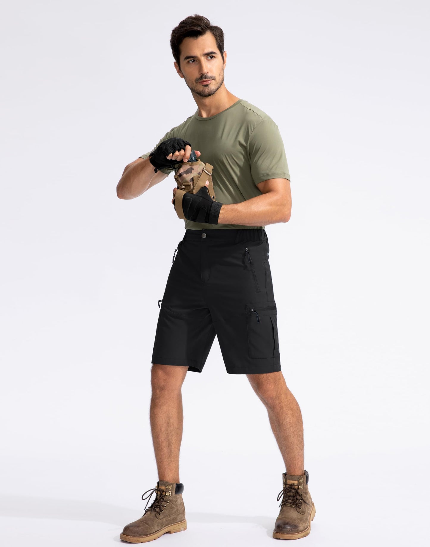 Pudolla Men's Hiking Cargo Shorts 9" Lightweight Outdoor Work Shorts for Men Travel Golf Camping Casual with 5 Zipper Pockets(Black Large)