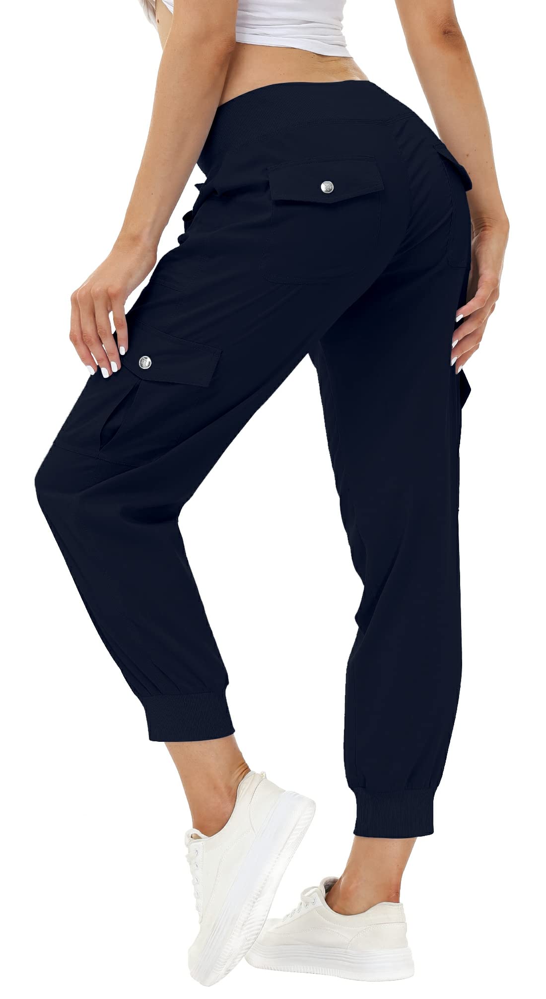 MoFiz Women Cargo Pants with Pockets Lightweight Outdoor Summer Travel Casual Hiking Pants Running Joggers Sweatpants Elastic Waist Navy 2XL