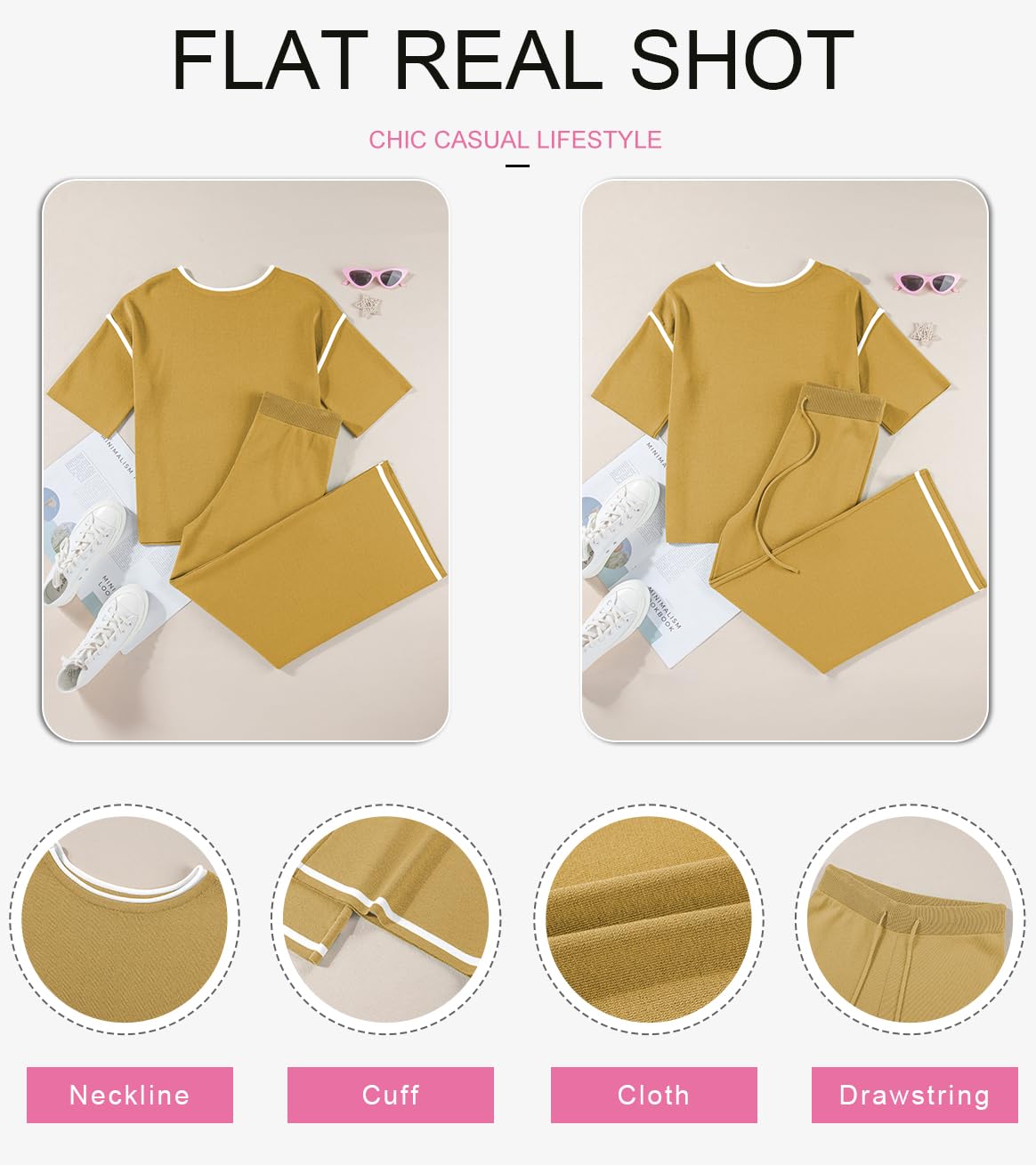 SHEWIN Two 2 Piece Lounge Sets for Women Casual Short Sleeve Knit Sweater Tops Matching Wide Leg Pants Loose fit Loungewear Tracksuit Set Womens Clothing Yellow S