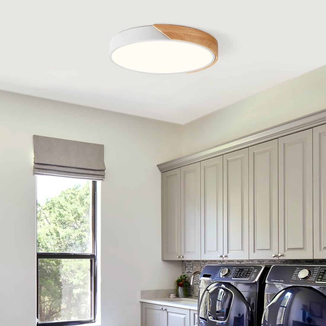 Vikaey Modern Dimmable LED Ceiling Light, Minimalist Wood Style 5CCT 2700K-6000K Flush Mount Ceiling Light Fixture, Round Lighting Lamp for Bedroom Living Room Dining Room Laundry, White, 15.8"