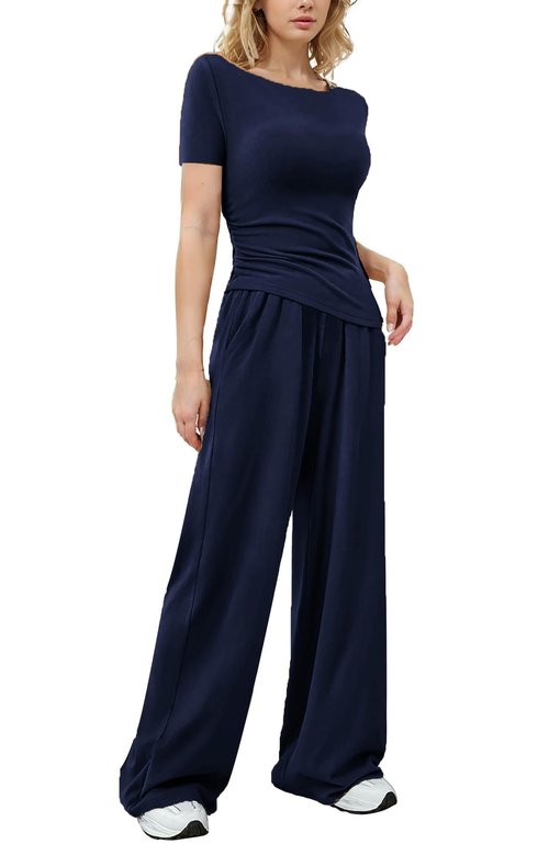 vyolu Women's 2 Piece Lounge Sets Asymmetrical Short Sleeve Wide Leg Pants Casual Outfits Tracksuit Streetwear