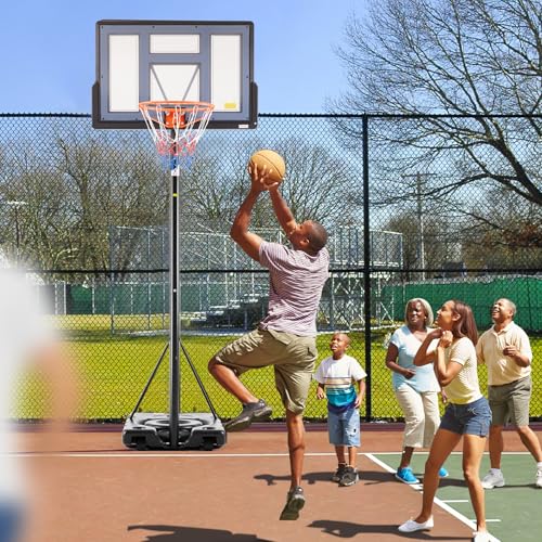 Portable Basketball Hoop - Adjustable Height 6.1-10FT, 44" Backboard, Shatterproof, Fillable Base, Grey