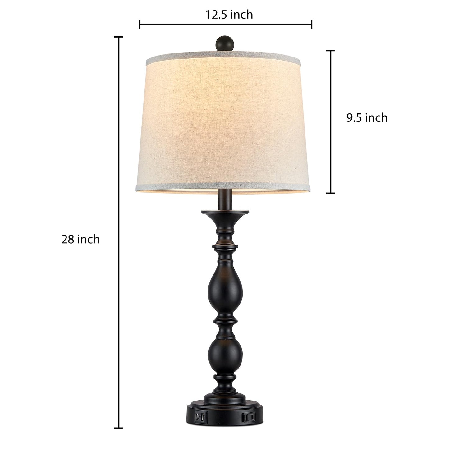 MOUVOVO 28" Tall Modern Table Lamps Set of 2 with USB C+A Ports and AC Outlet, 3 Way Touch Metal Bedside Lamps for Living Room, Black Farmhouse Nightstand Lamps for Bedroom