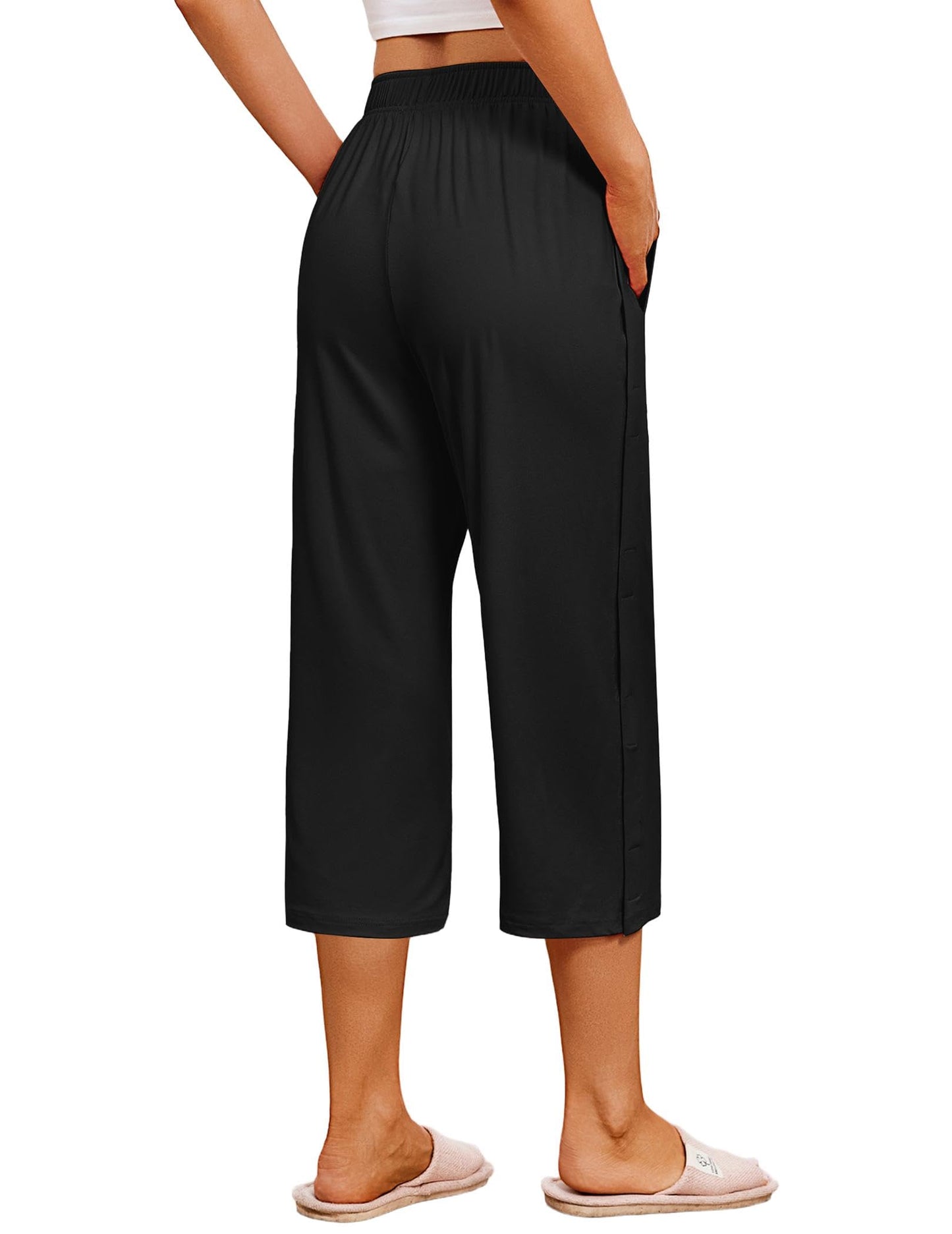 Deyeek Womens Tear Away Pants Capri Post Knee Ankle Replacement Surgery Pants Breakaway Sweatpants Side Snap with Pockets Black