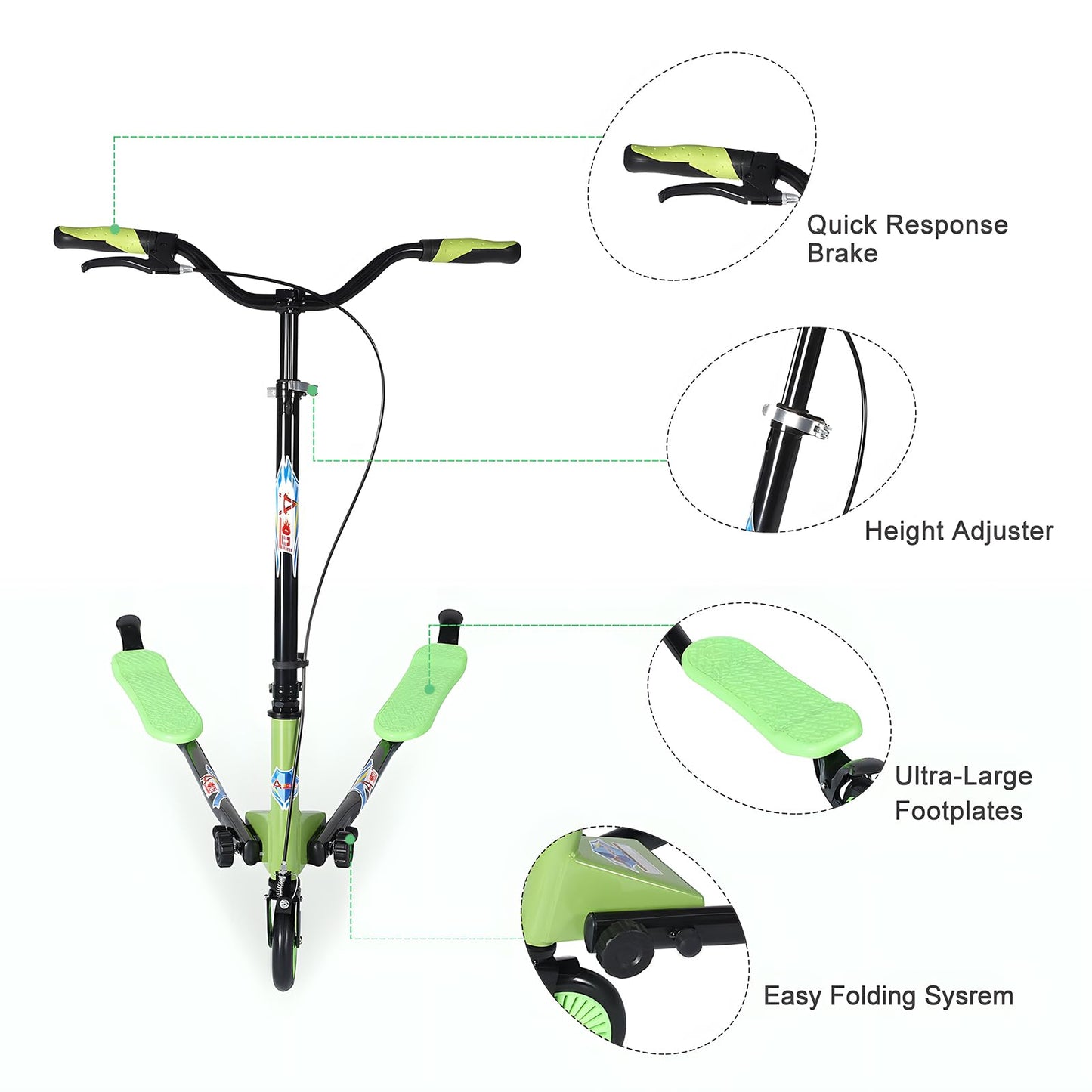 AODI Swing Wiggle Scooter, 3 Wheels Drifting Folding Kick Scooter with 4-Level Adjustable Height/Foldable for Kids/Woman/Men Age 6+ Years Old