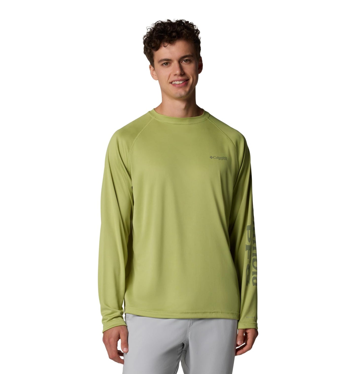 Columbia Men's PFG Terminal Tackle Long Sleeve Fishing Shirt, Pear/Cypress Logo, Small
