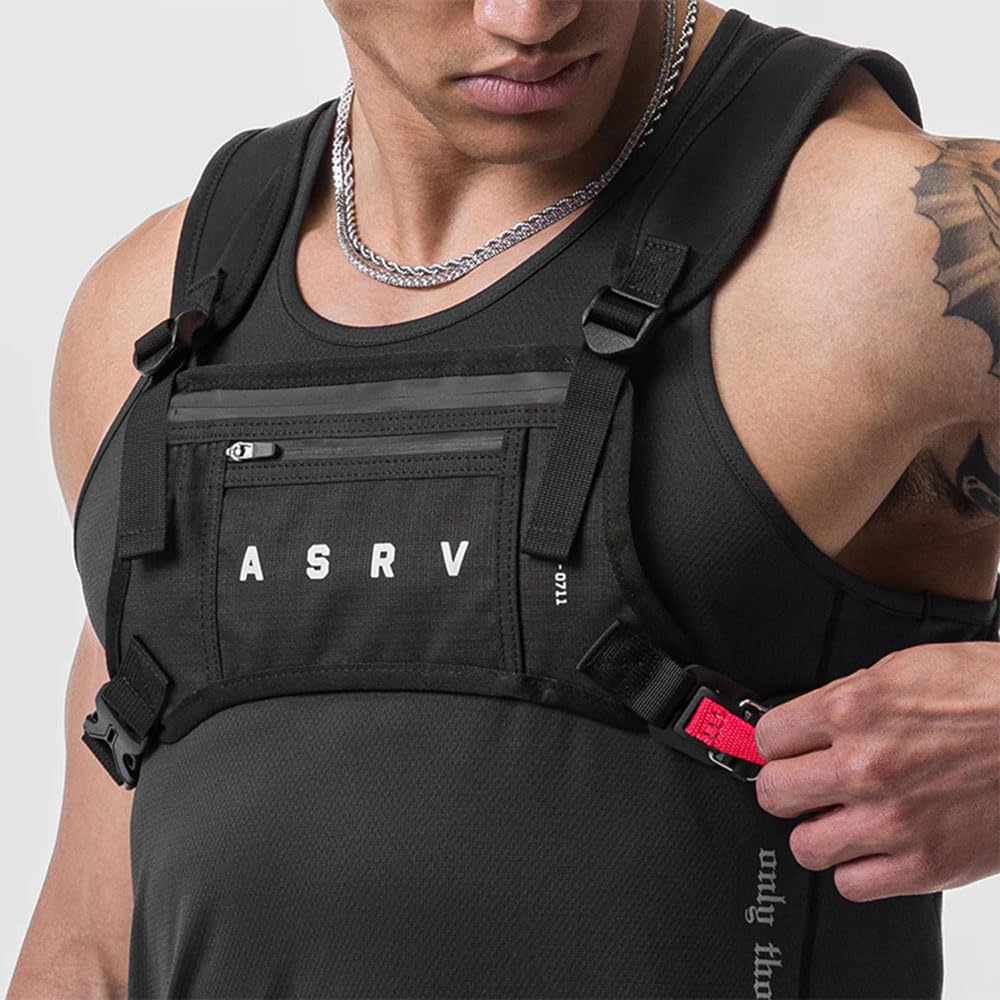 Sports Chest Bag for Men Water Resistant Lightweight Front Chest Pack Running Vest Chest Phone Holder (Black)