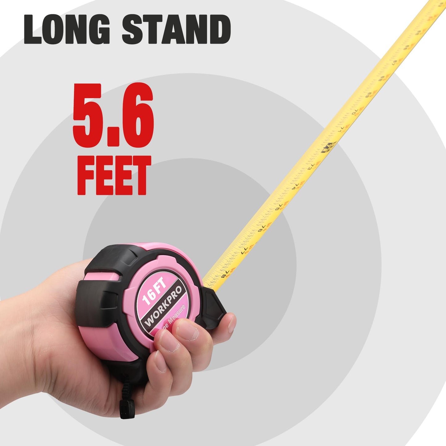 WORKPRO 16FT Pink Tape Measure, 1/8 Fractions Easy Read Measuring Tape, Retractable Nylon Coating Measurement Tape Accuracy 1/32, Magnetic Hook, Belt Clip, Rubber Protective Casing