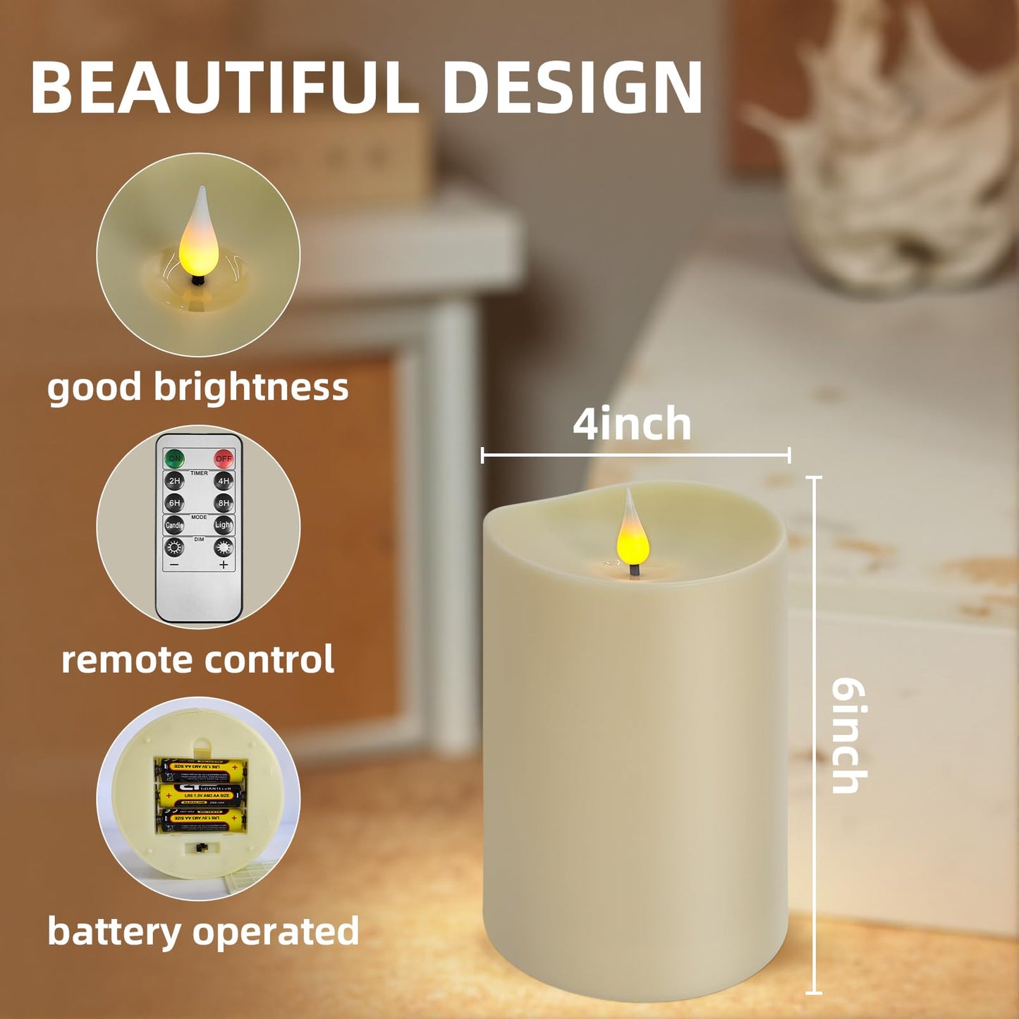 SUNGEGE Flameless LED Candle with Remote, 4x6 Inch Plastic Pillar Candle, Battery Powered, Flickering Flame with Timer & Dimming, Ivory – Safe, Realistic Home or Event Decor