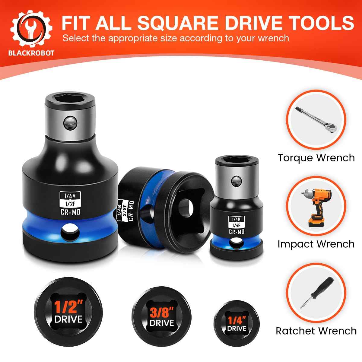 BLACKROBOT 6PCS Impact Bit Holders 1/2 3/8 1/4 Inch Square Drive to 1/4 Inch Hex Socket Adapter for Impact Wrench Ratchet, Cr-Mo