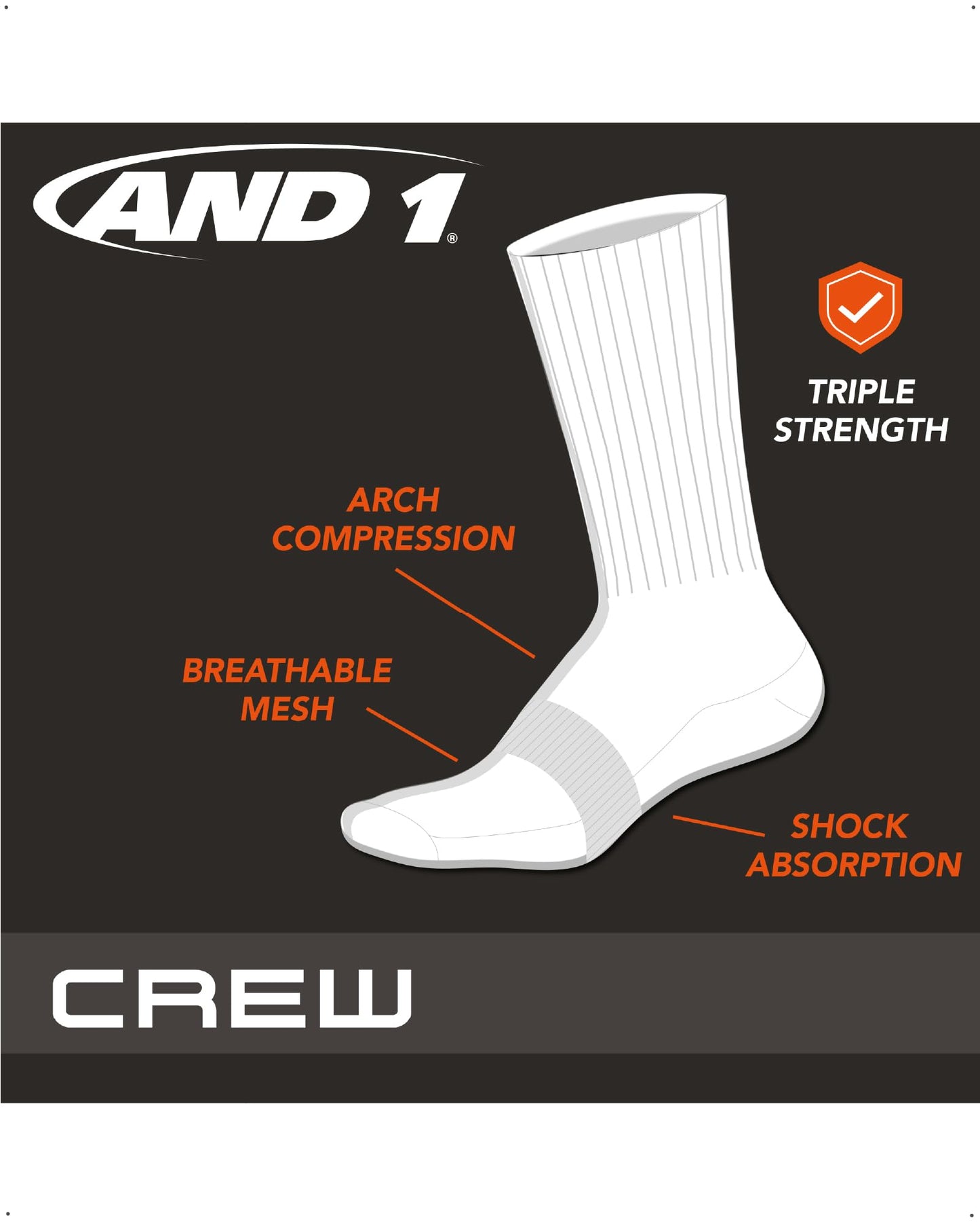 AND1 Men's Athletic Cushion Crew Socks (Size: 6-12.5), Black, 12PK