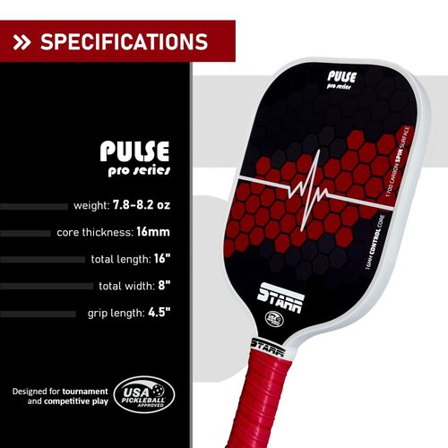 STARR Pulse Pro Pickleball Paddle | USAPA Approved 16mm Honeycomb Core | T700 Carbon Fiber Control Surface (Red)