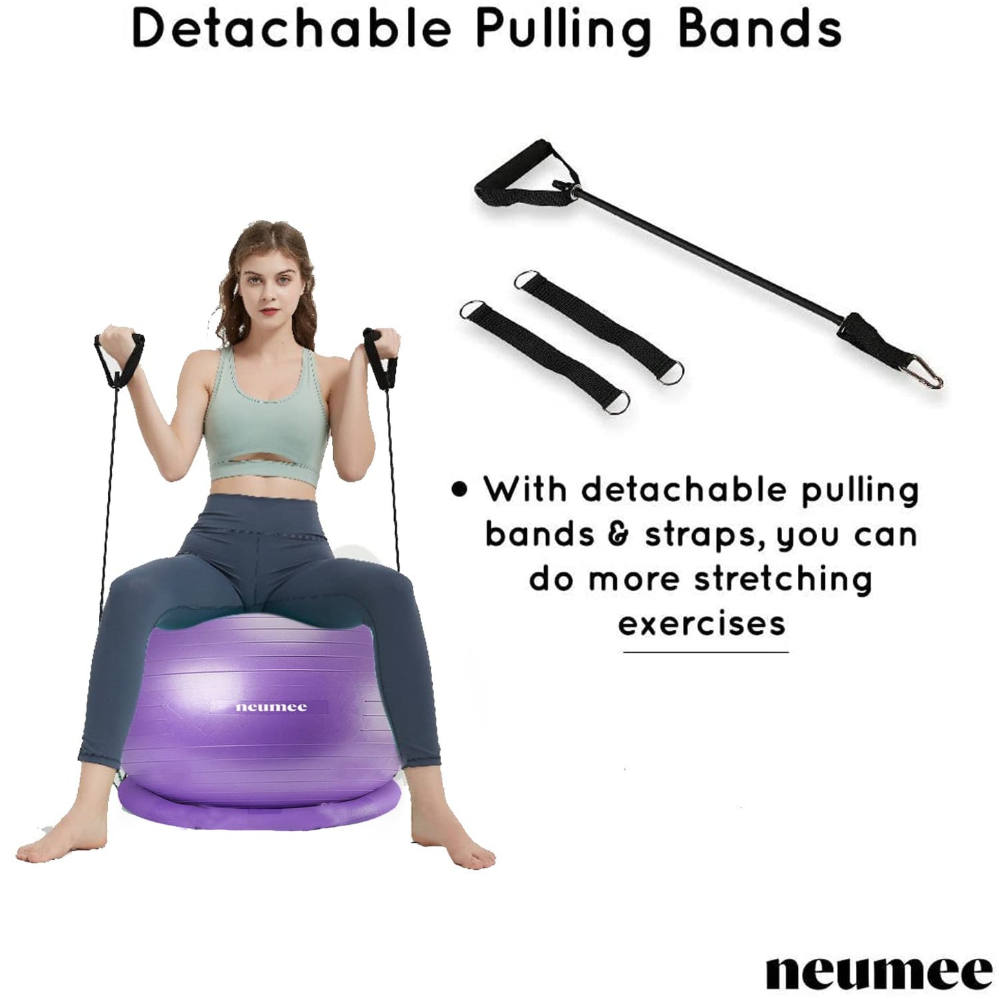NEUMEE Yoga Ball Chair with 65cm Exercise Ball & 2 Resistance Bands, Stability Base for Home Office, Yoga, Pilates & Fitness, Balance Ball for Posture, Core Strength & Low Impact Workouts (Purple)