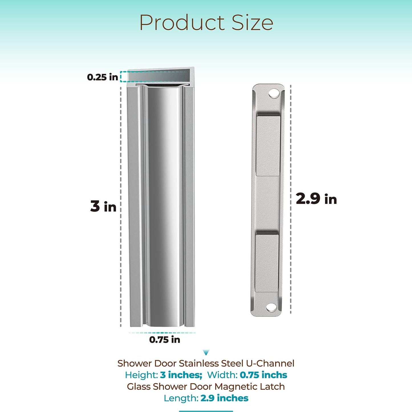 Shuisen 3" Shower Door Magnet, U-Channel Door Frame Magnet with Metal Strike for 1/8", 5/32", 3/16" and 1/4" Thick Swing Glass Shower Doors, Shower Strike Jamb, Shower Door Replacement Parts