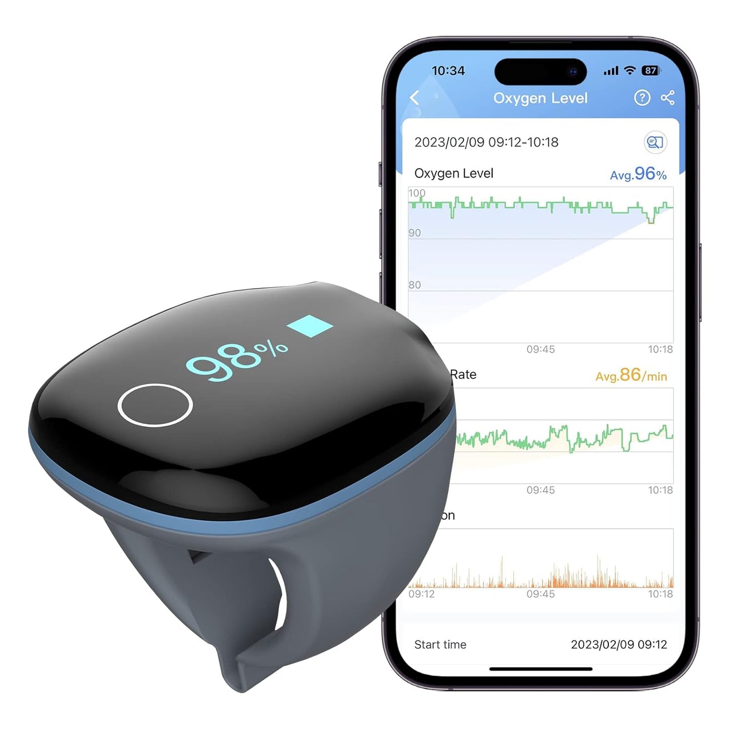 Wellue O2Ring Pulse Oximeter - Bluetooth Rechargeable Oxygen Monitor with Reminder | Continuous Tracking of Oxygen Levels and Pulse Rate