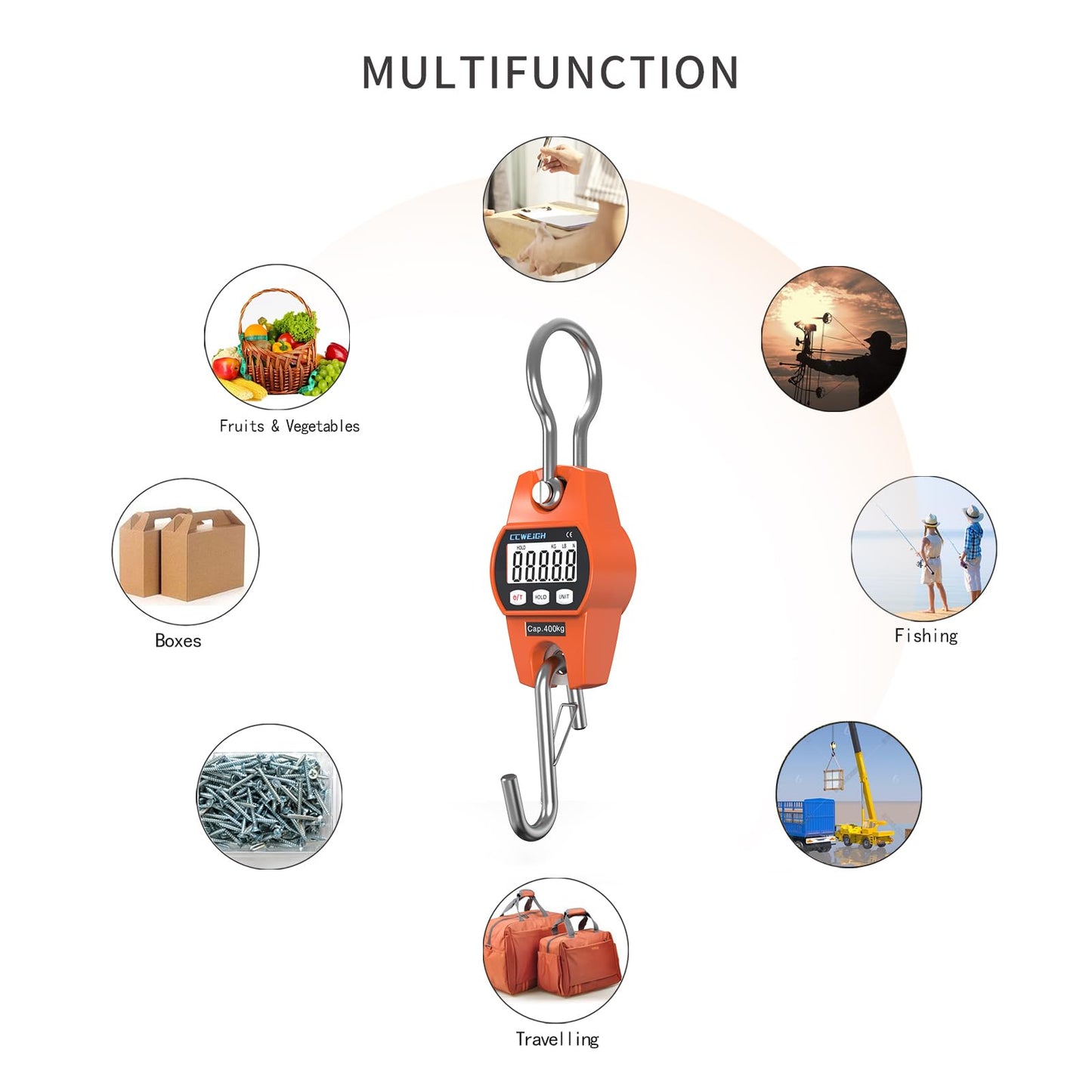 CCWEIGH Hanging Scale Handheld 880lb/400kg Crane Scale Luggage Scale,with ABS Plastic case & Big LCD Display, Portable Digital Mini Crane Scale Fishing Scale,for Gym,Hunting,Travelling