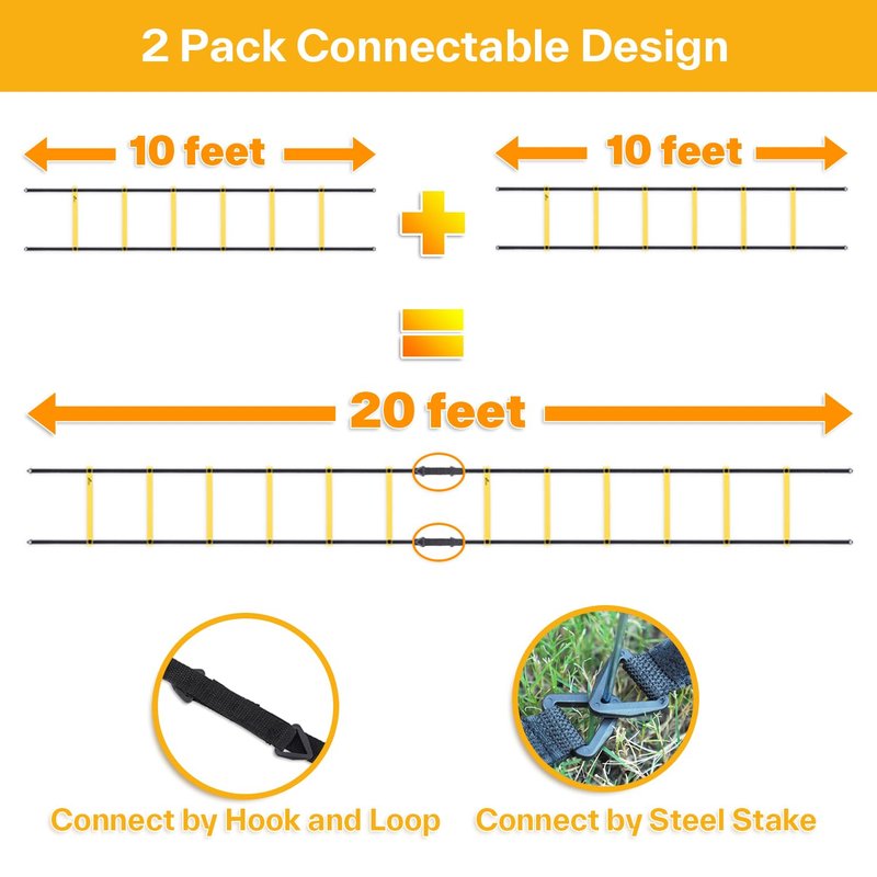 Sportneer Agility Ladder Speed Training Set - 12 Rungs 20ft Detachable Exercise Ladders in 2pcs (6 rungs each) with Ground Stakes for Soccer Football Footwork Training - Ladder with Carry Bag - Yellow