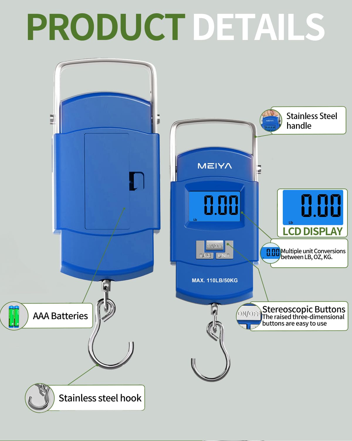 MEIYA Portable Luggage Scale - 110lb Digital Hanging Scale with Backlit LCD Display | Ideal for Travel & Fishing (Blue)