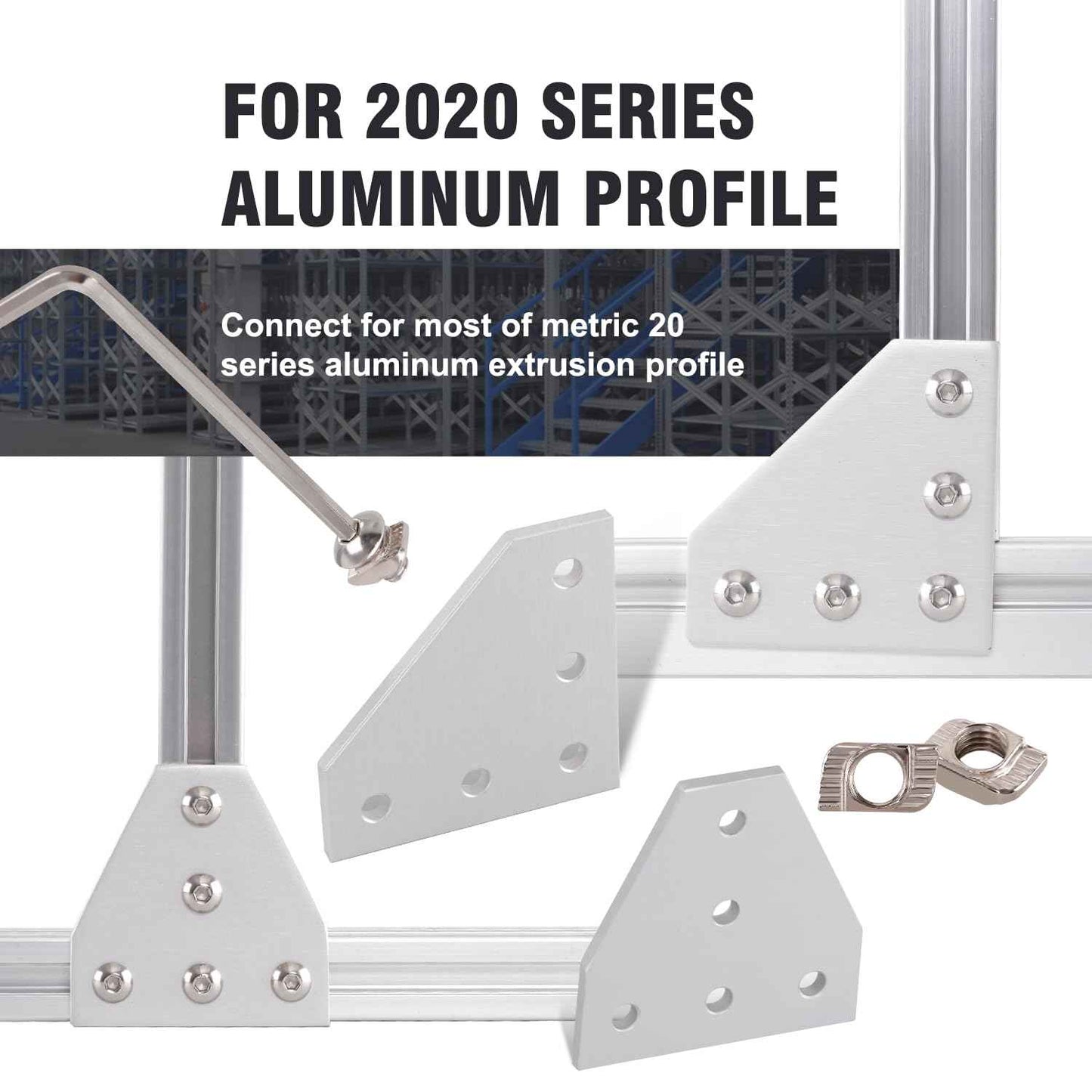 Sidaxia 2020 Corner Bracket Joint Plate 15Pcs L Shape & 15Pcs T Shape 5 Hole Aluminum Extrusion Connector with 150Pcs T-Nuts, 150Pcs Screws and 1Pc Wrench for 20 x 20mm Series Extrusion Profile