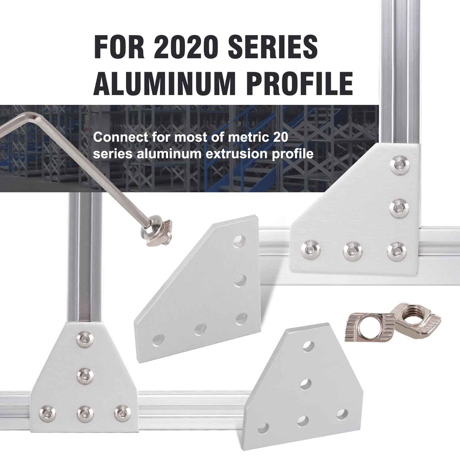 Sidaxia 2020 Corner Bracket Joint Plate 15Pcs L Shape & 15Pcs T Shape 5 Hole Aluminum Extrusion Connector with 150Pcs T-Nuts, 150Pcs Screws and 1Pc Wrench for 20 x 20mm Series Extrusion Profile