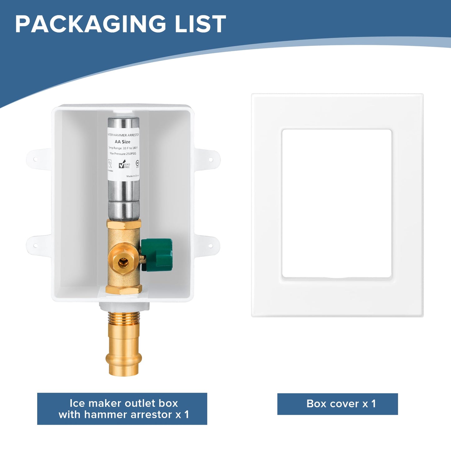 SECKWHALE Ice Maker Outlet Box with Water Hammer Arrestor, 1/2-Inch Press x 1/4-Inch OD Compression with 1/4-Turn Ball Valve, Ice Maker Valve Wall Box with Faucet, Absorb Shock and Reduce Noise