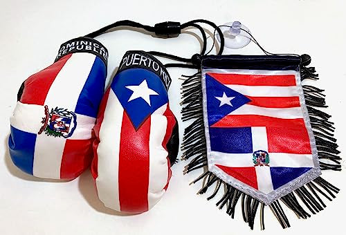 Dominican & Puerto Rico Flag Car Decoration Set with Mini Boxing Gloves
