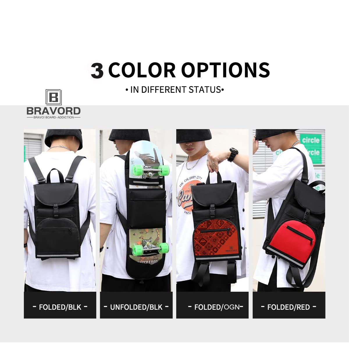 BRAVORD Foldable Skateboard Backpack Bag Carrier with Adjustable Shoulder Straps for Double Kick Longboard Electric Skateboard, Unisex (BLK)