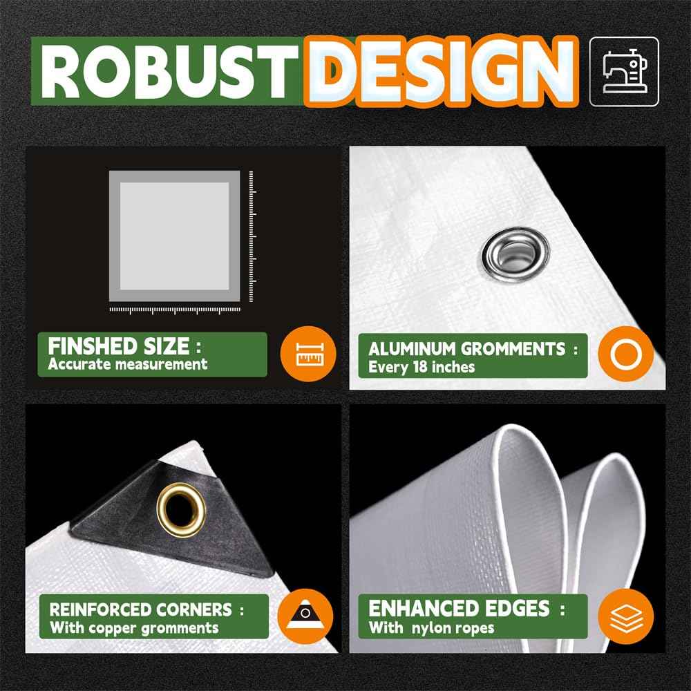 RAINDEWAY 12 Mil Heavy Duty White Tarp 20x20 Feet, UV Resistant, Waterproof, Weatherproof Poly Tarp with Metal Grommets and Reinforced Edges