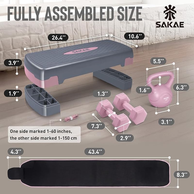 Adjustable Height Aerobic Stepper Set with Dumbbells & Kettlebell - Pink Grey