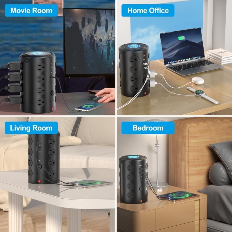15W Wireless Charging Surge Protector Power Strip with 16 AC Outlets & 5 USB Ports - Desk Charging Station for Home, Office & Dorm Room (10FT)