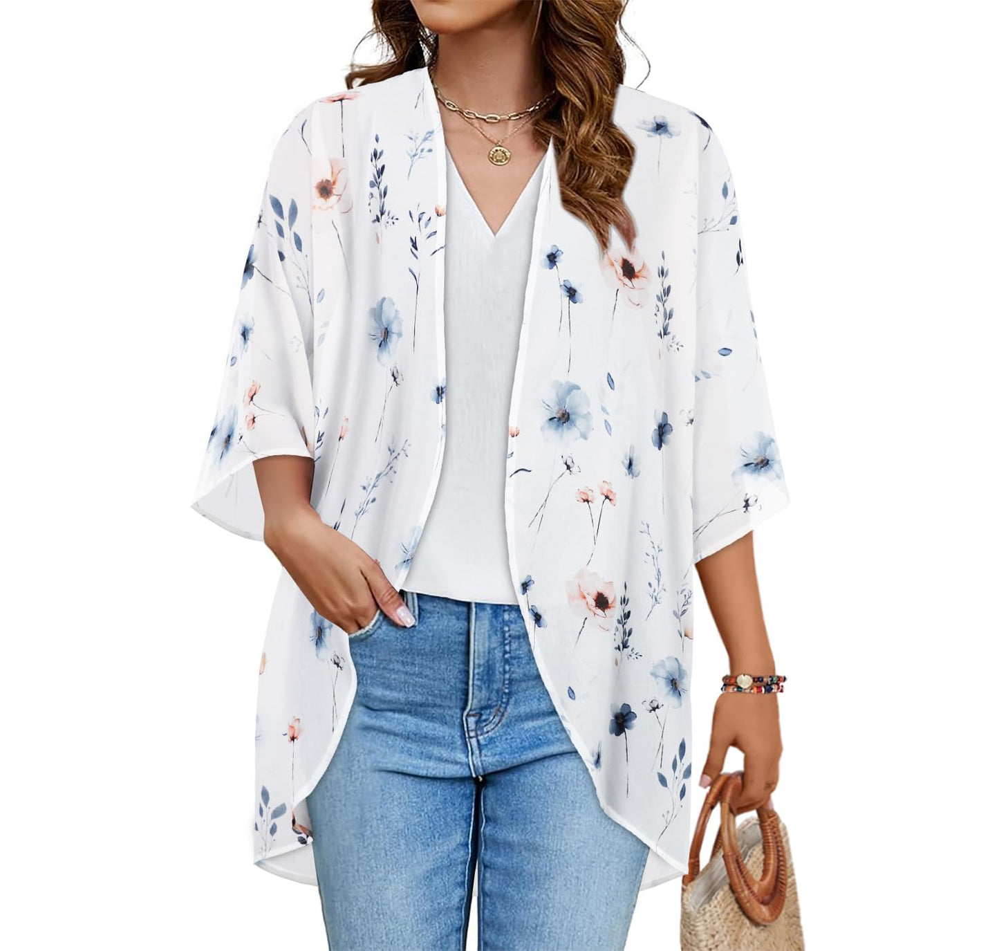 Women's Floral Kimono Print Puff Sleeve Loose Cardigan Cover Up Casual Blouse Tops (White Blue Flower, S)