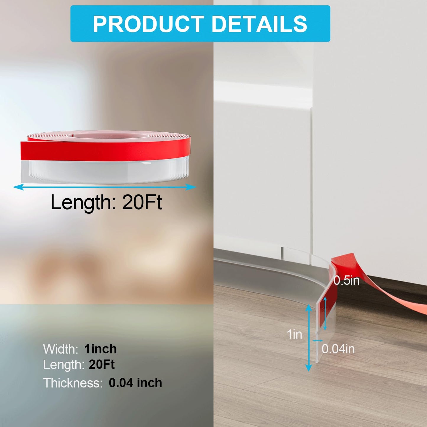 Pluden 20FT Weather Stripping Door Seal - 1" Silicone Alien Draft Seal Tape for Gaps Under Door Weatherstripping Sweep Stopper for Bottom of Shower Door/Sliding Glass Door