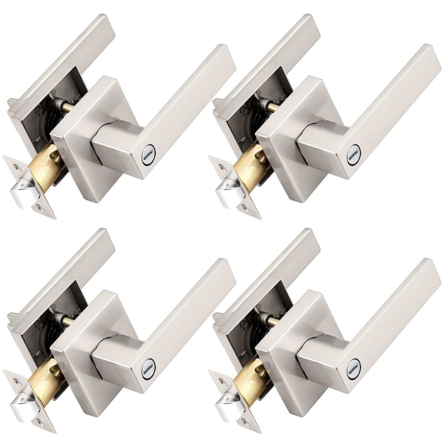 Probrico Interior Brushed Nickel Door Handle, Heavy Duty, Flat Square Privacy Door Handles, Keyless Door Levers Lockset for Bedroom and Bathroom (4 Pack, Modern)