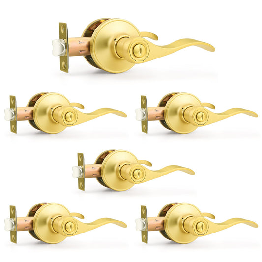 Probrico Door Handles Interior Brushed Gold Privacy Door Handle Lever, Bedroom Bathroom Door Lever Wave Style, 6 Pack