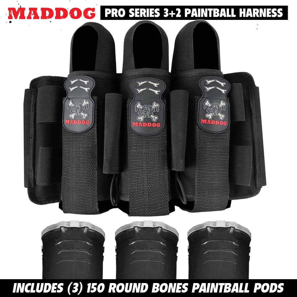 Maddog Pro 3+2 Paintball Harness Pod Pack with (3) 150 Round Bones Paintball Pods | Pod Ejection | Adjustable Pod Holder Belt for Tournament, Woodsball & Speedball