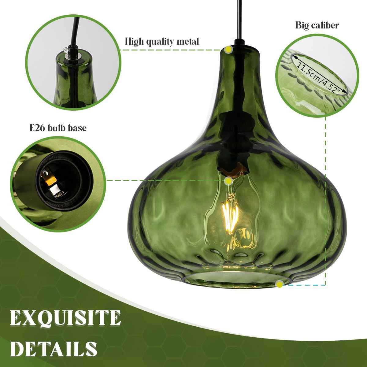 Qufute Green Glass Pendant Lighting Farmhouse Vintage Glass Globe Pendant Light Fixture, Mid-Century Modern Pendant Lamp Black Finish 9.45″ Shade for Kitchen Island Dining Room