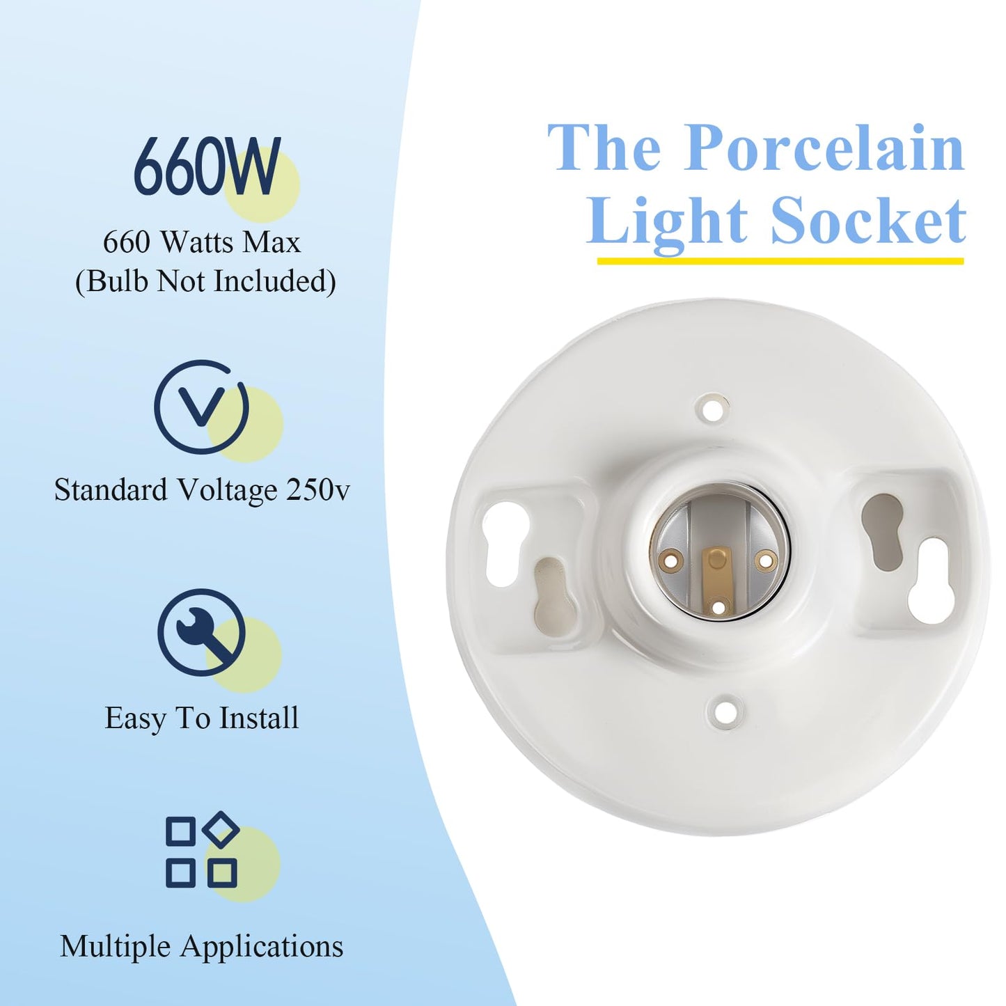 Saysurey 4 Pack Medium Base E26 Lamp Holder Socket Keyless Top Porcelain Light Bulb Socket for Installation on 3. 25” and 4” Junction Boxes Ceiling Light Fixture White Lampholder 660w 250v