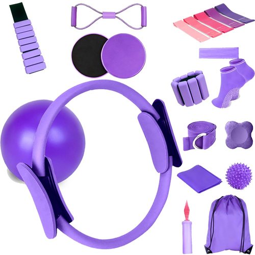 Pilates Equipment Set for Home Workouts –15in1 Home Pilates Kit with Ring and Ball Set, Resistance Bands, Pilates Yoga Accessories, Core Sliders & Ankle Weights, Pilates Essentials Kit (Purple)