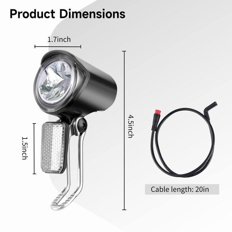 Yeesport E-Bike LED Headlight, Waterproof, Black, Front, 2 Settings, IPX5, Wired, Mountain Bike Light, Adjustable Headlamp for Cycling Safety