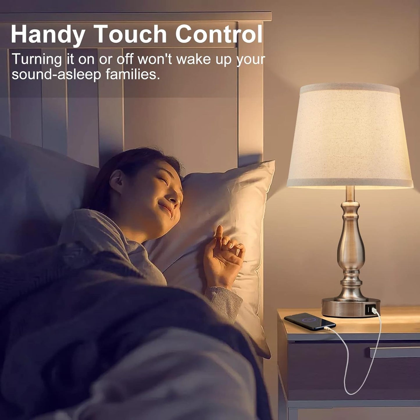 Touch Bedside Table Lamps Set of 2 with USB C+A Ports - 3-Way Dimmable Linen Shade